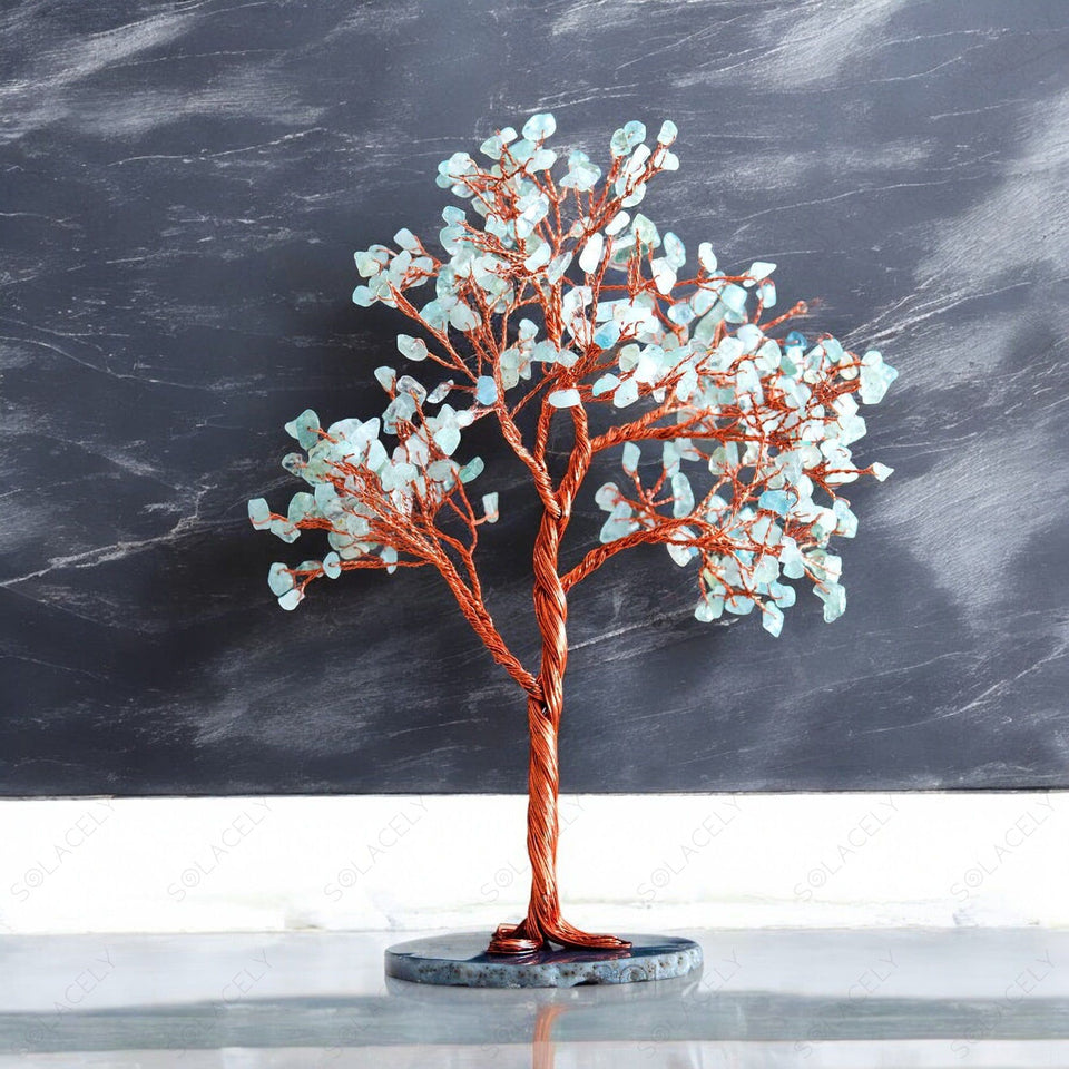 beautiful aquamarine crystal tree of life on agate stone base