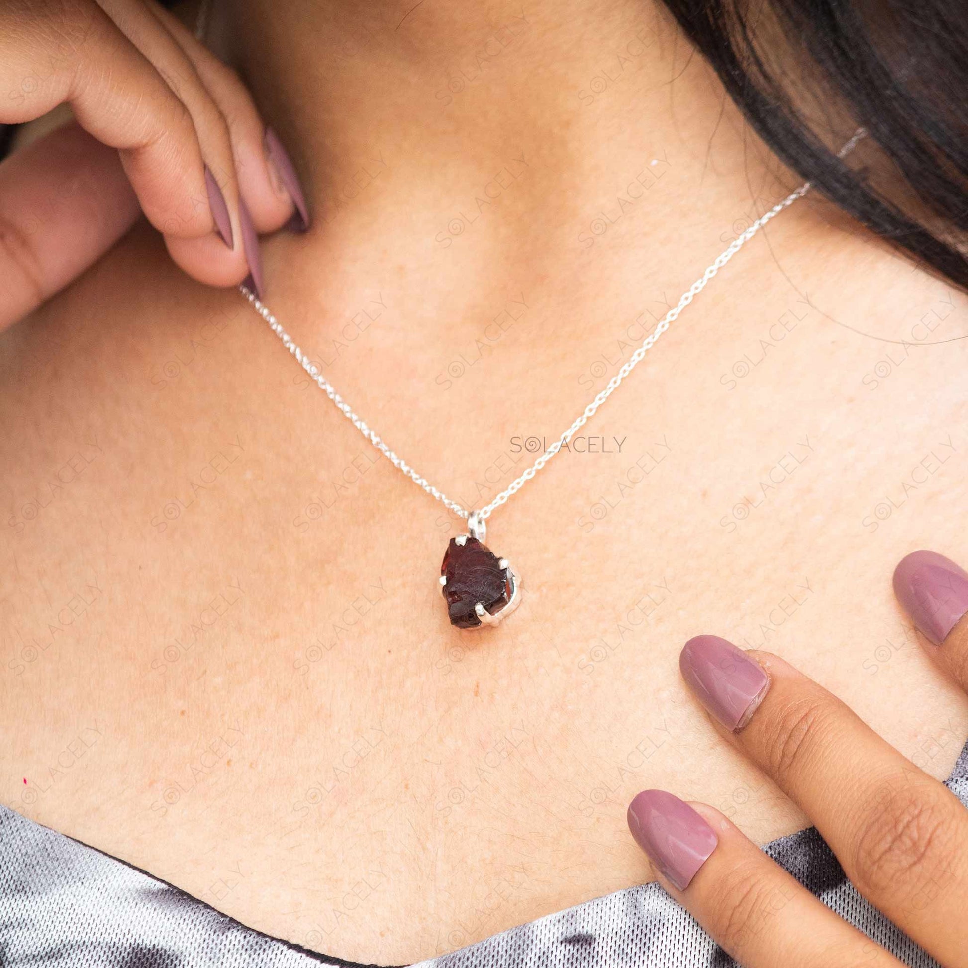 beautiful raw red garnet gemstone necklace with sterling silver