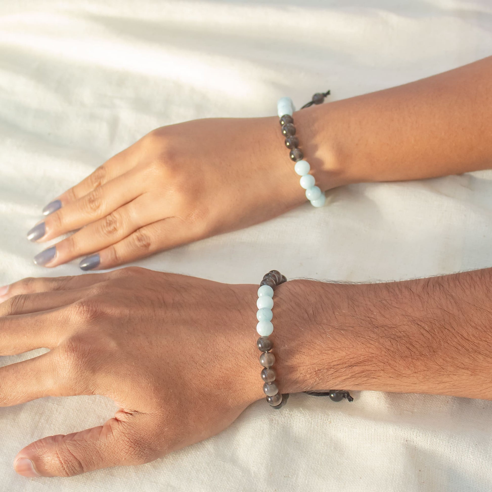 matching couple bracelet of aquamarine and black obsidian
