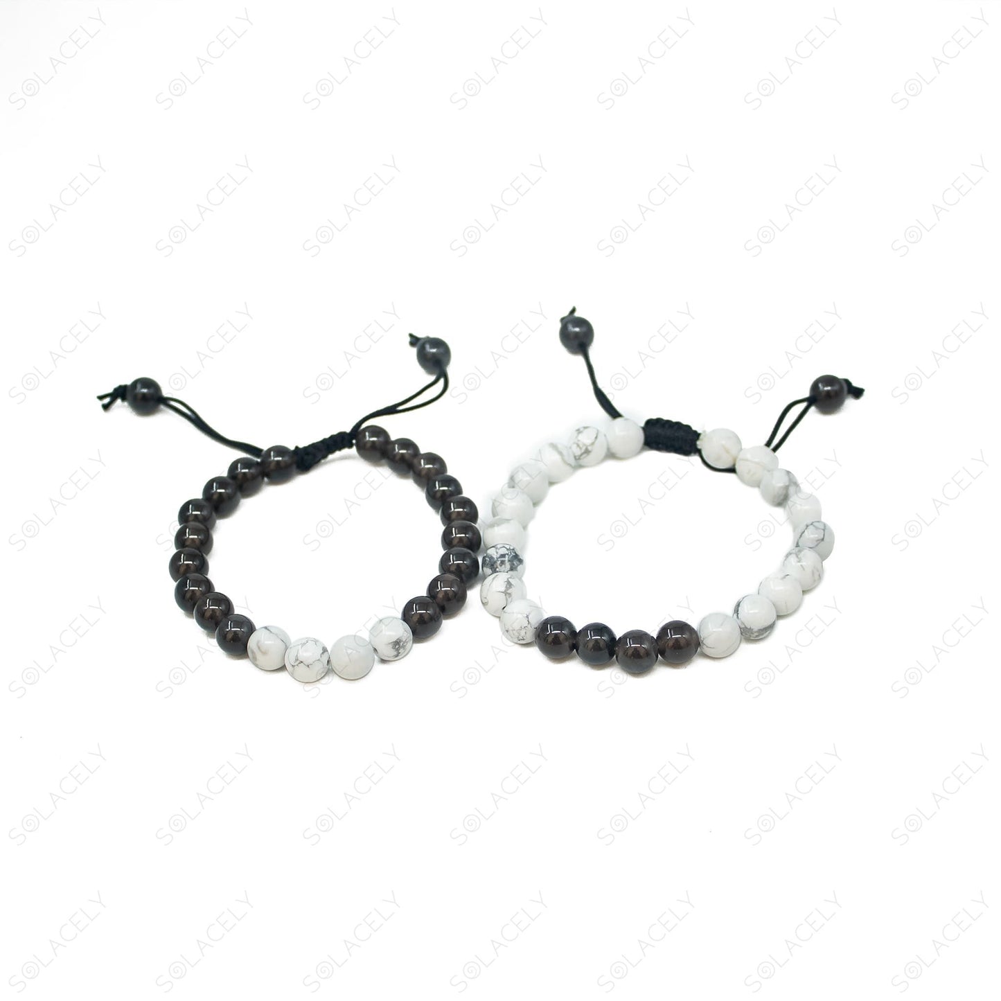 adjustable set of bracelet of black obsidian and howlite