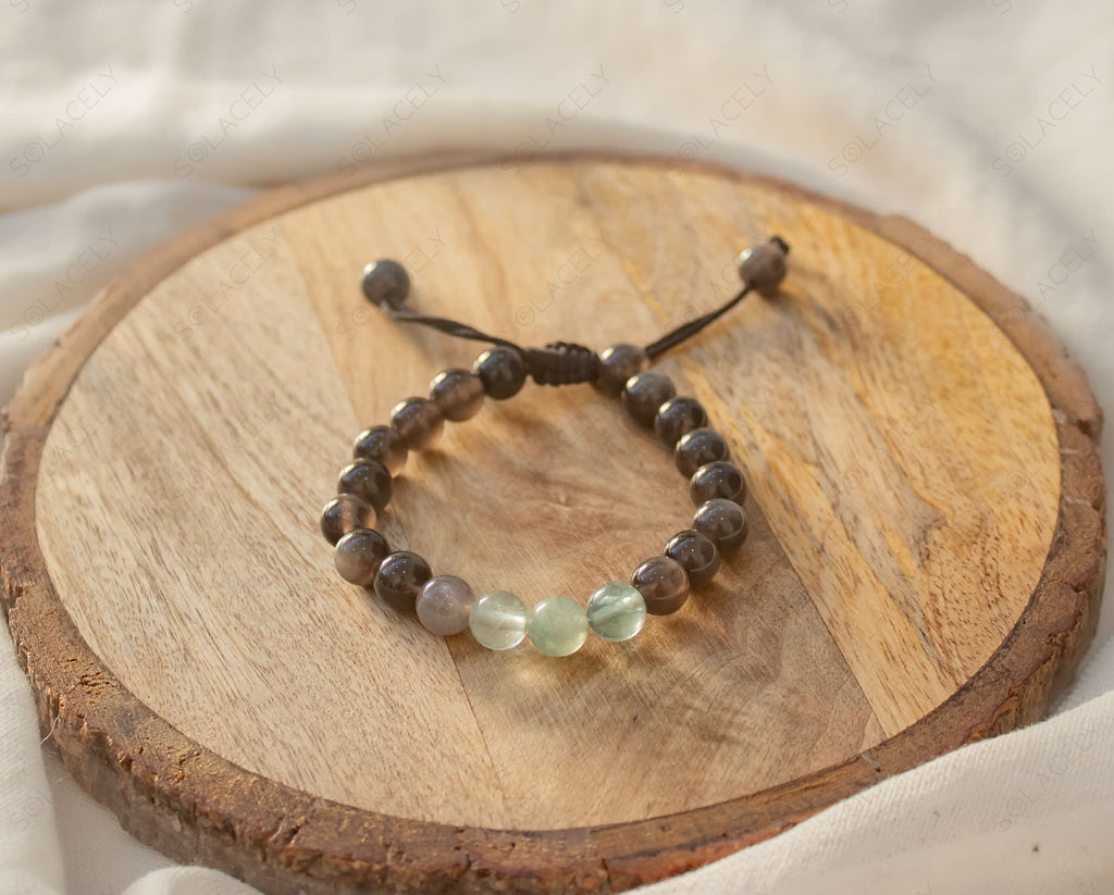 black obsidian couple bracelet set with rainbow fluorite
