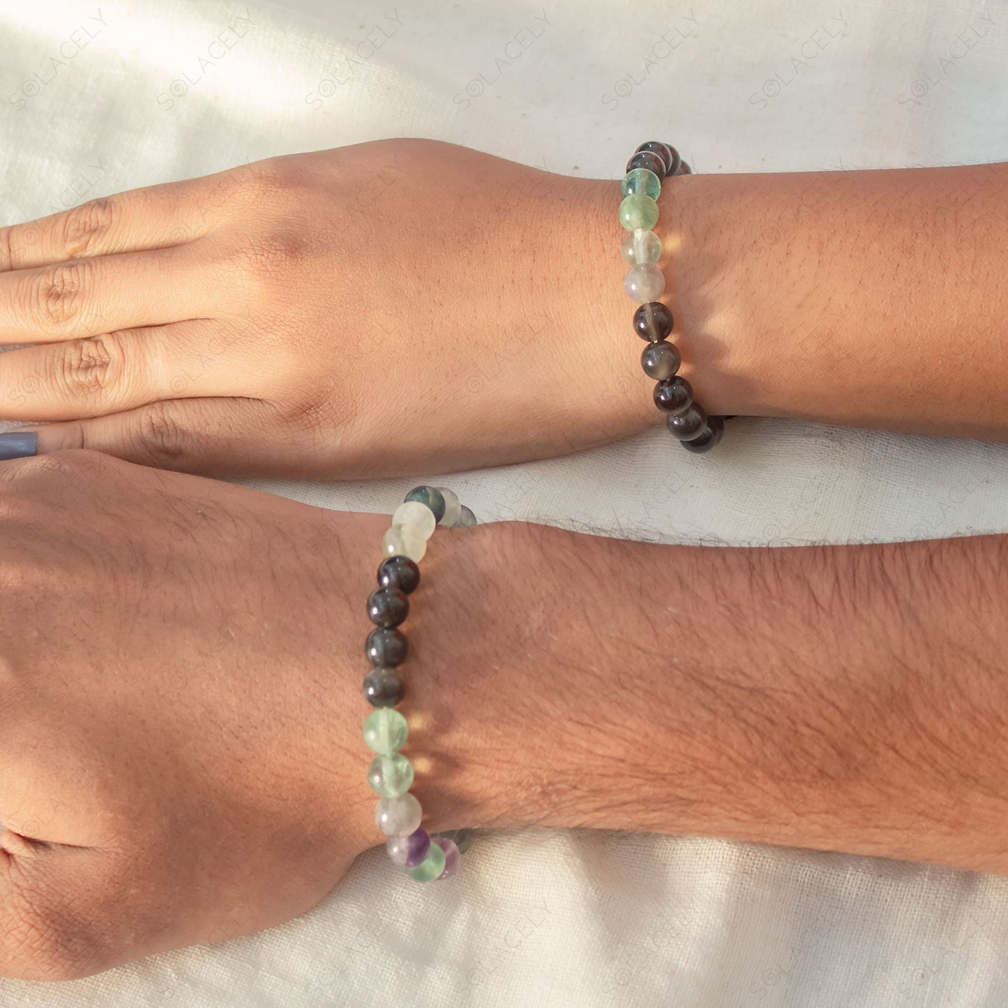 couple bracelet set of black obsidian and rainbow fluorite