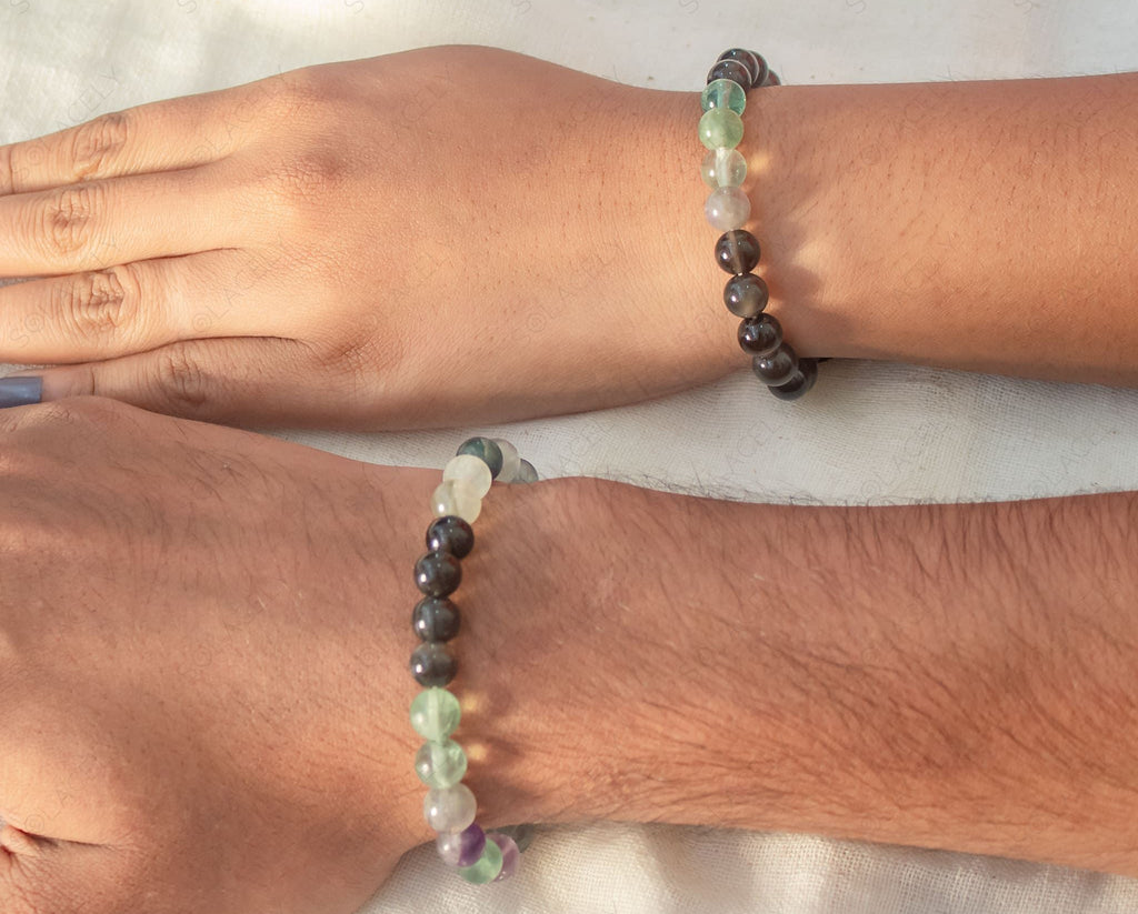 couple bracelet set of black obsidian and rainbow fluorite