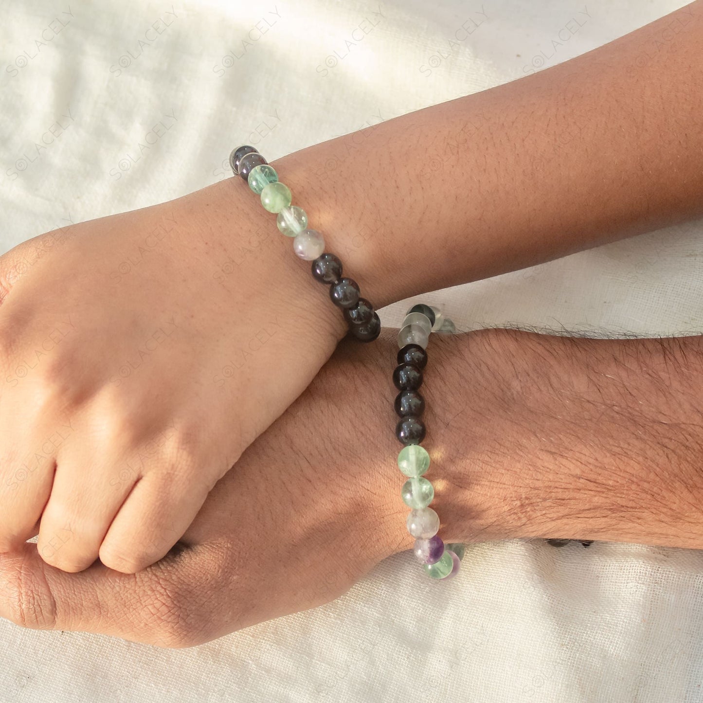 black obsidian and rainbow fluorite adjustable couple bracelet