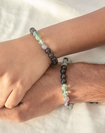 black obsidian and rainbow fluorite adjustable couple bracelet