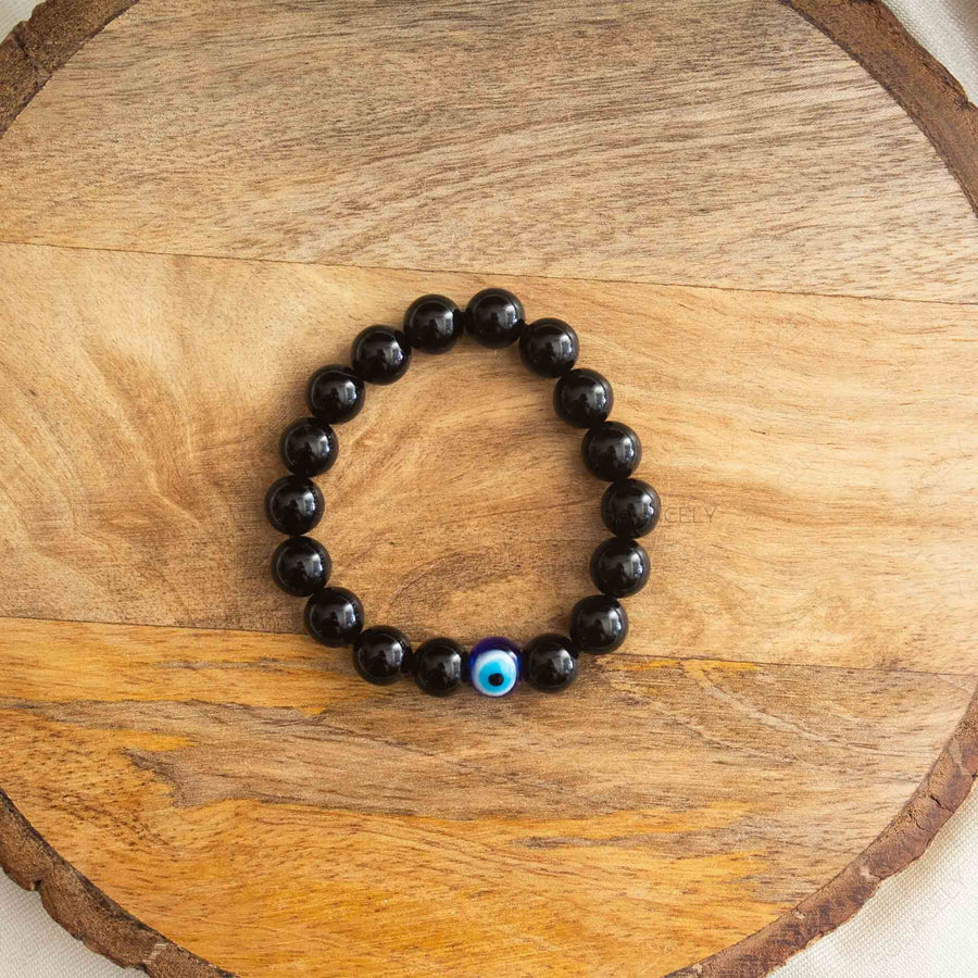 black tourmaline 8mm bead bracelet with evil eye for kids