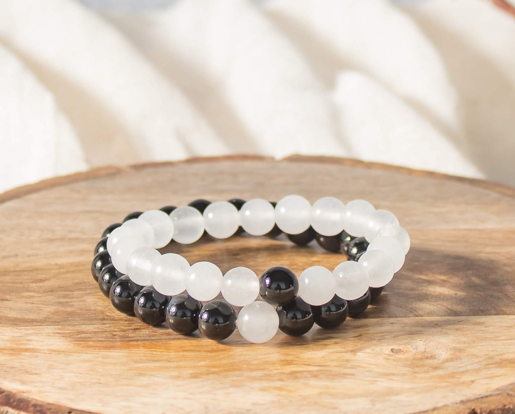 black tourmaline with moonstone couple bracelet with love