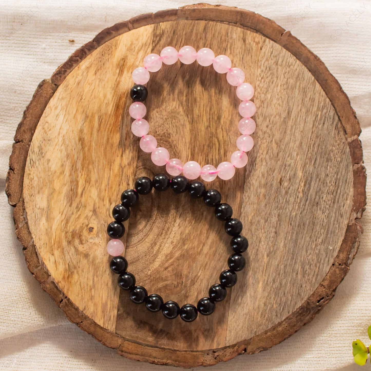 black tourmaline and rose quartz crystal couple bracelet