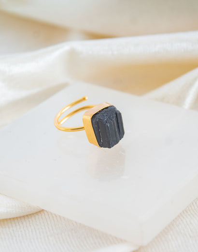 raw black tourmaline adjustable ring