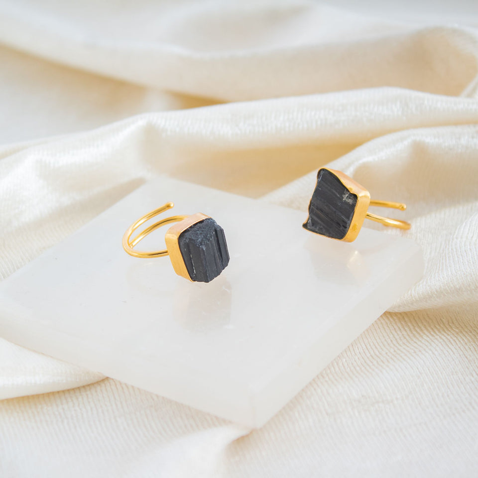 black tourmaline raw stone adjustable ring