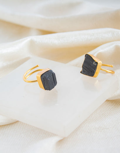 black tourmaline raw stone adjustable ring