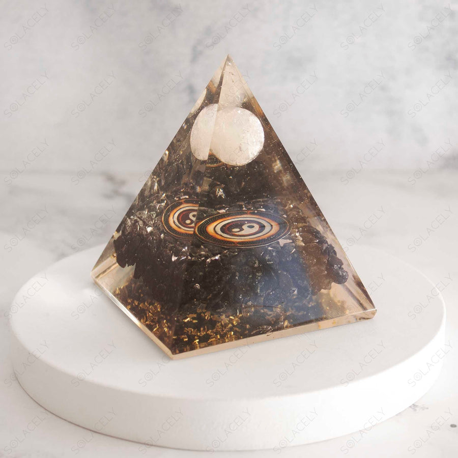 black tourmaline pyramid with white quartz sphere ball