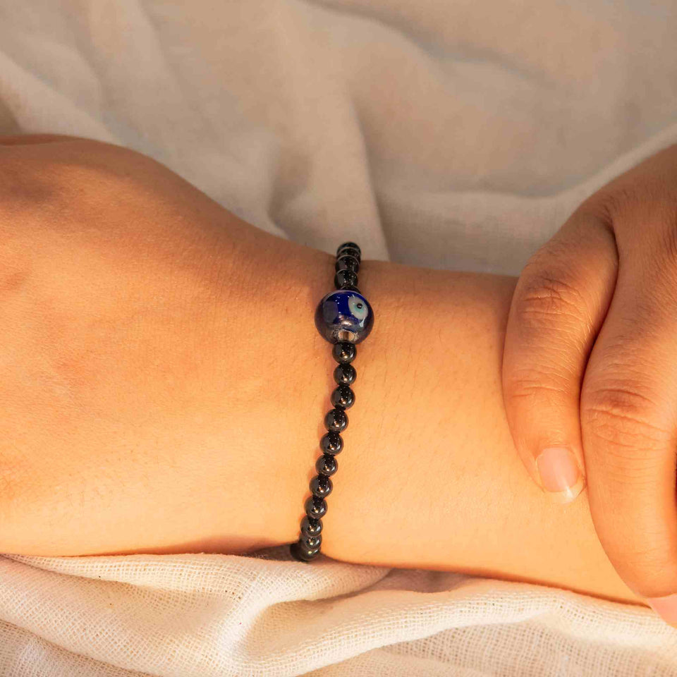 4mm bracelet black tourmaline and evil eye