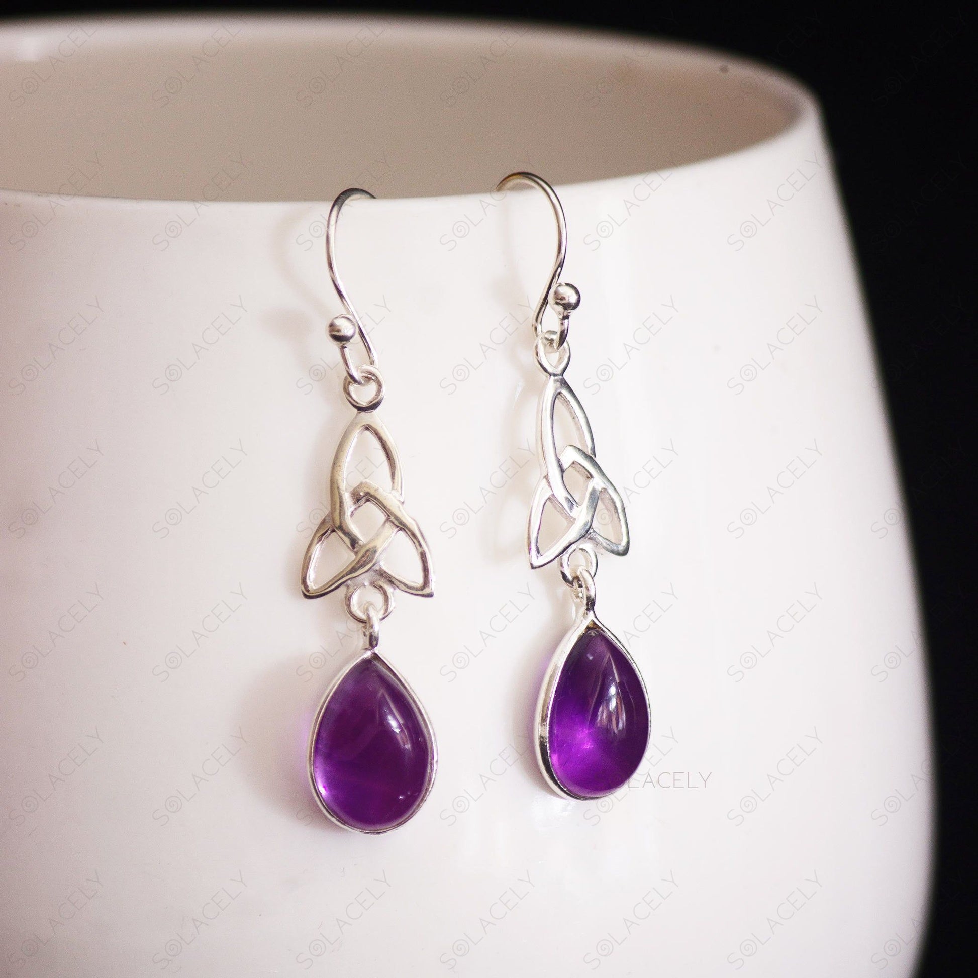 celtic amethyst drop earrings sterling silver