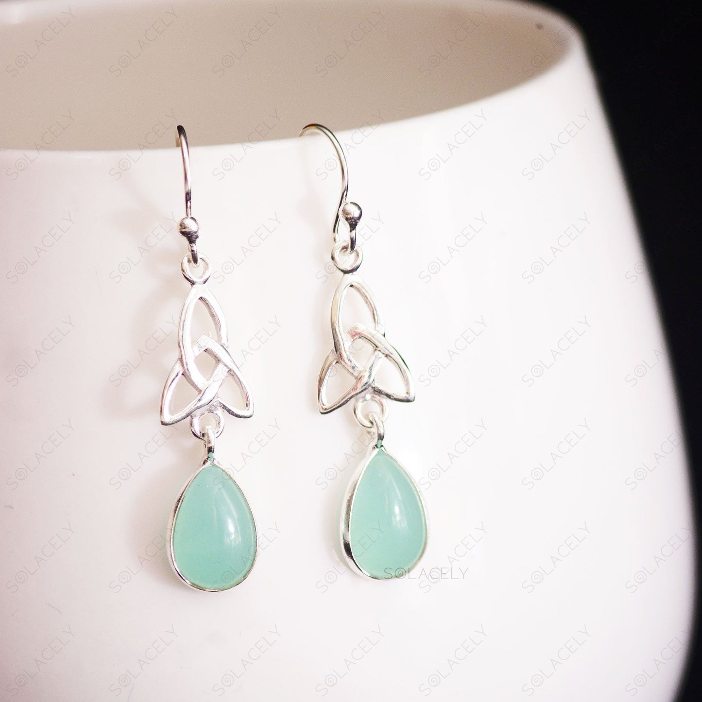 celtic aqua chalcedony drop earrings sterling silver 