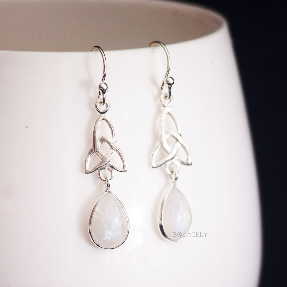 celtic moonstone drop earrings sterling silver