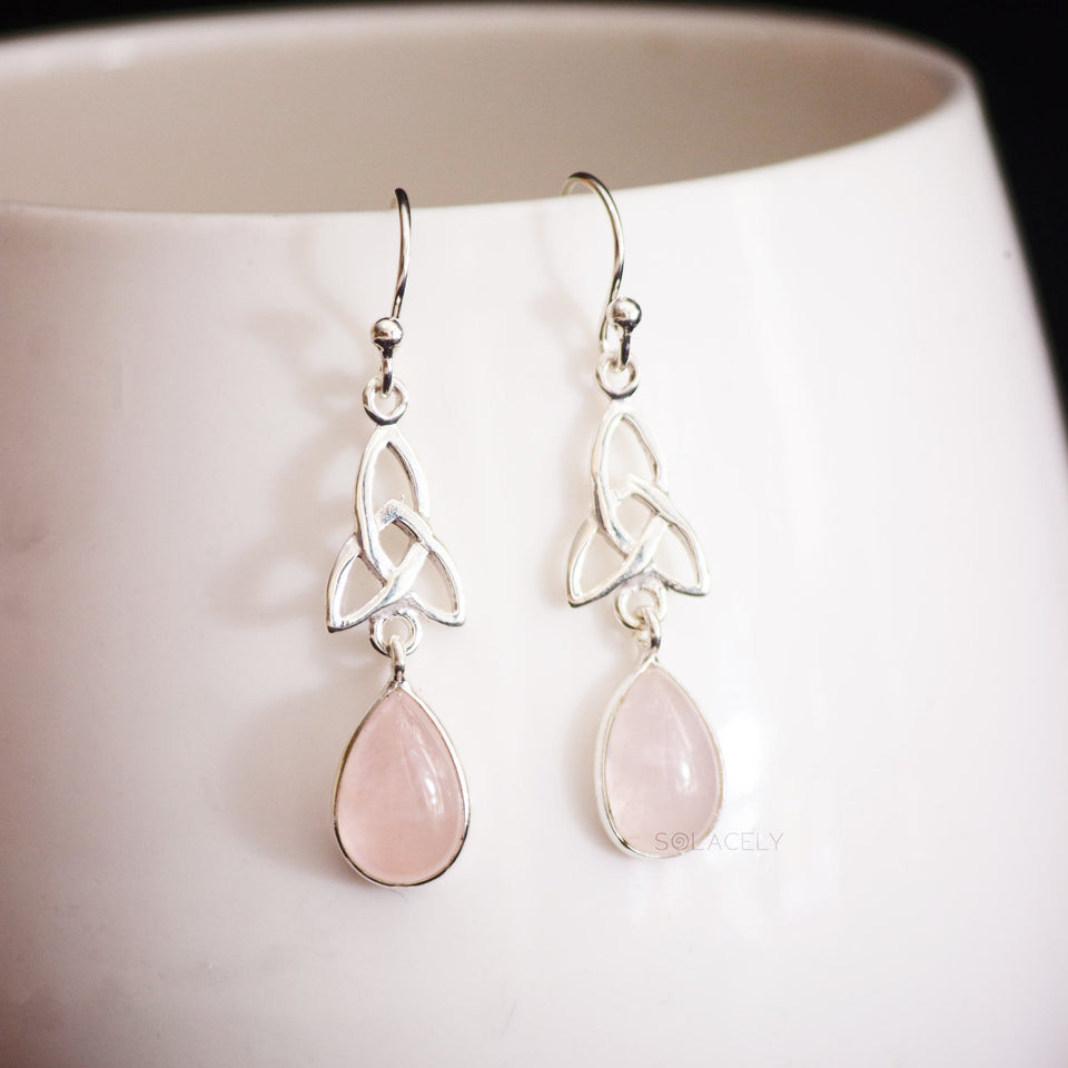 celtic rose quartz drop earrings sterling silver