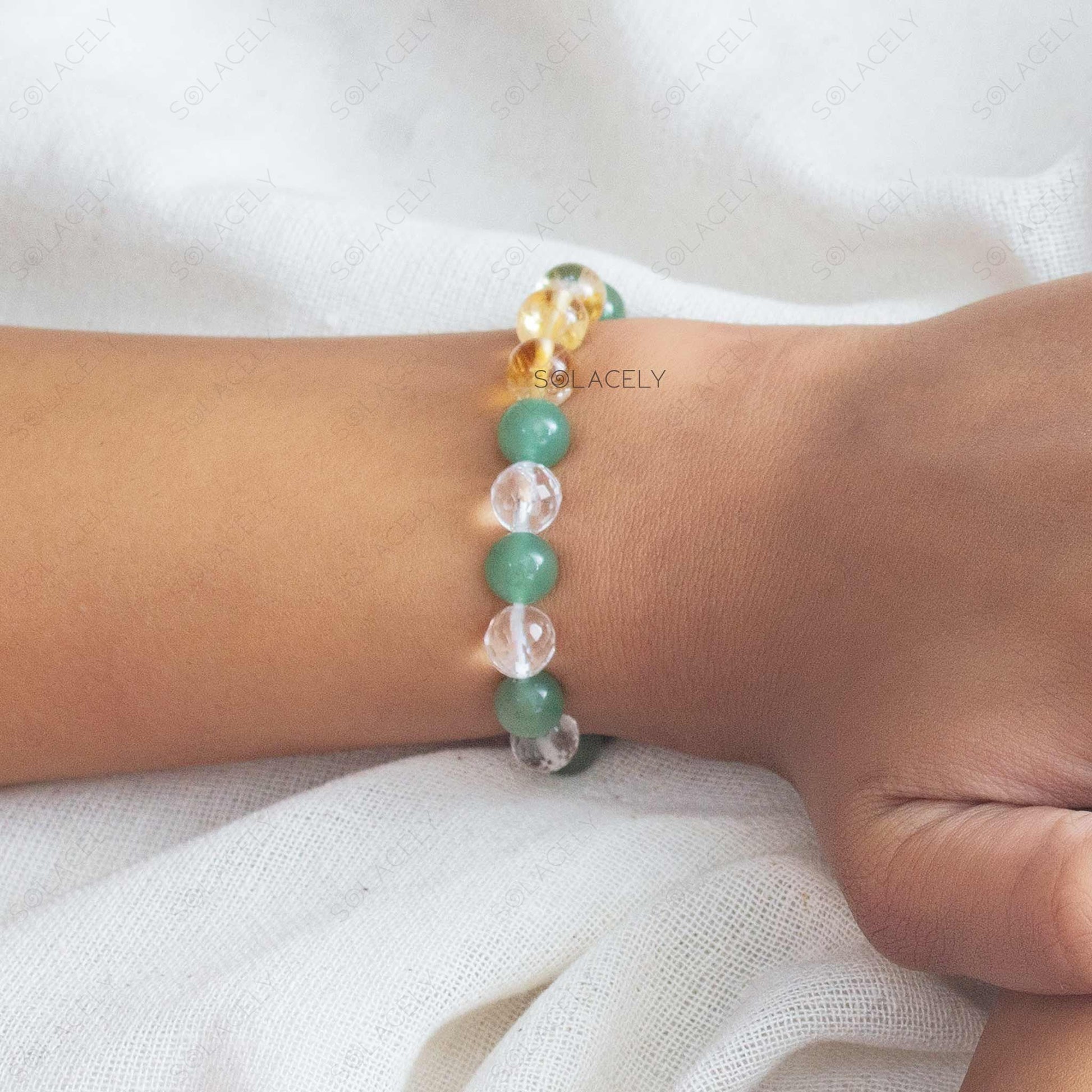 citrine green aventurine and faceted clear quartz bracelet