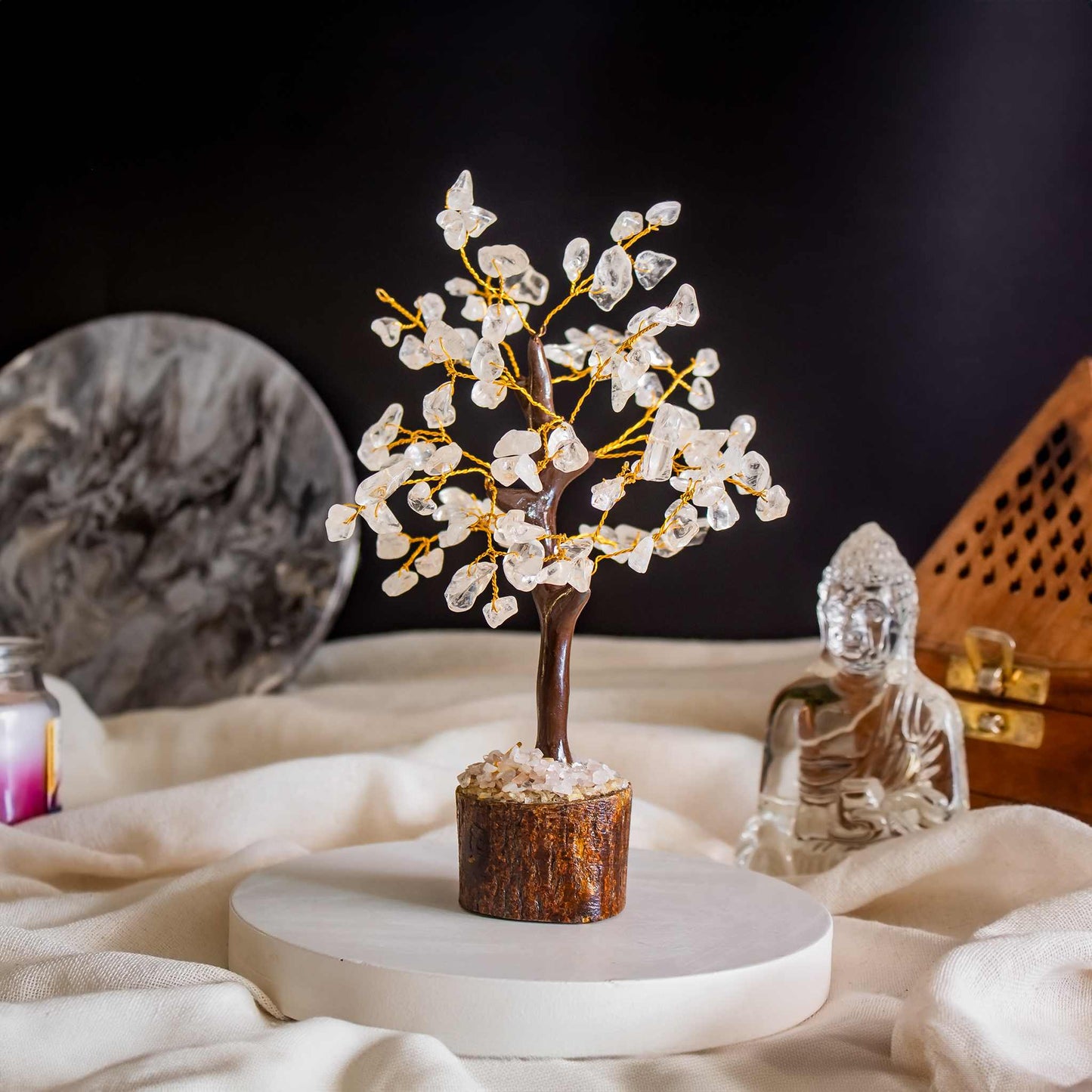 Clear Quartz Crystal Tree Small With Wooden Base