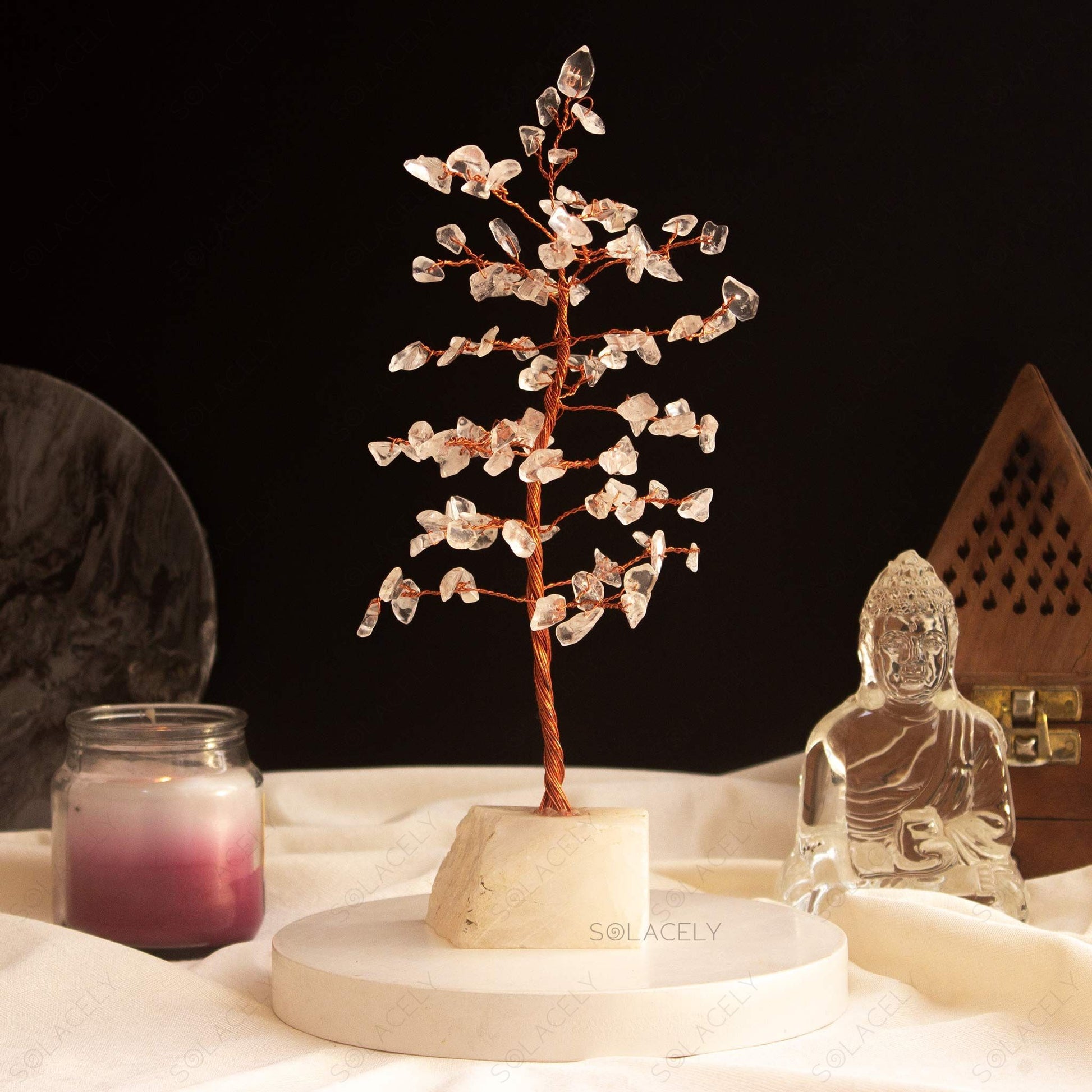 clear quartz tree and stone base