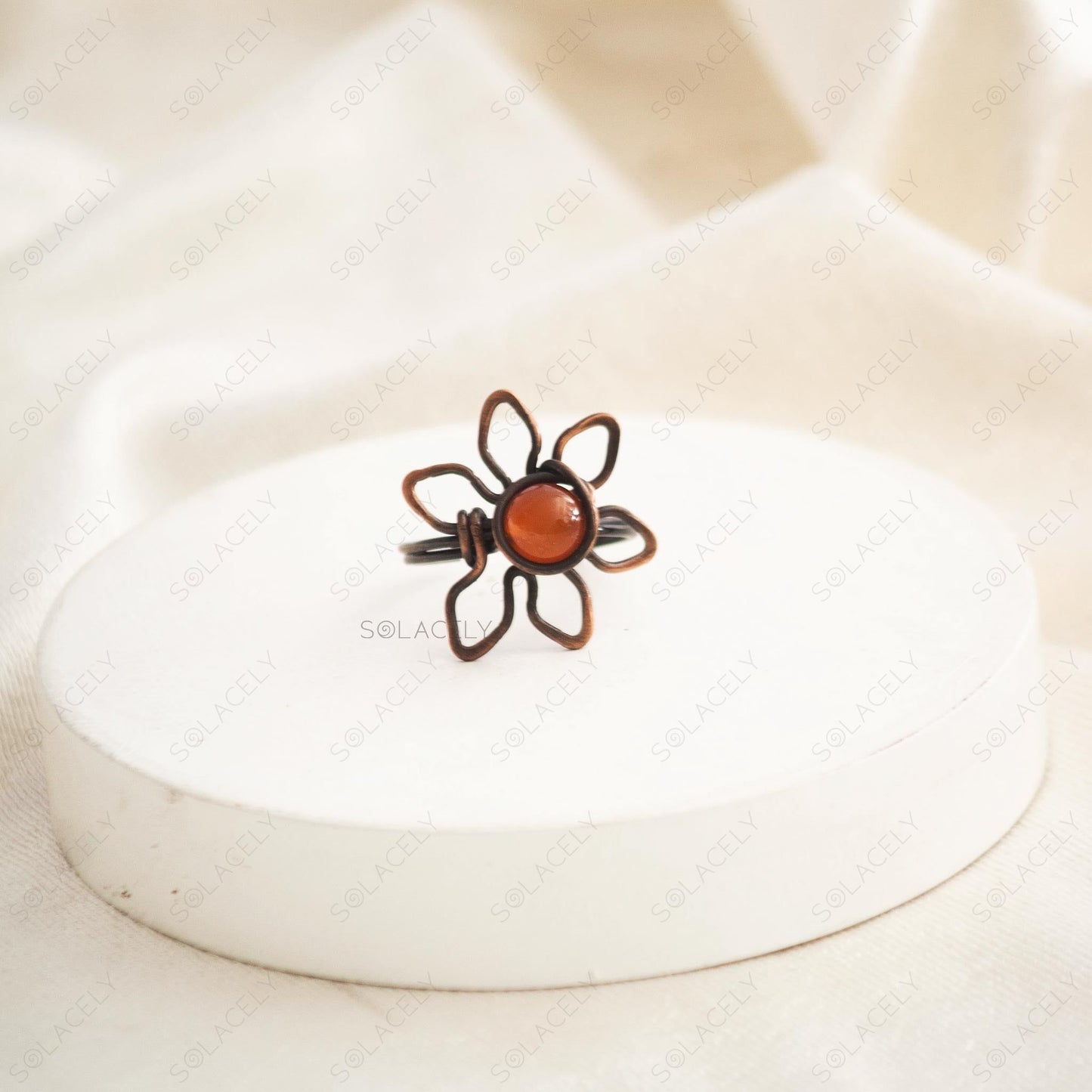 copper wire wrapped carnelian flower ring