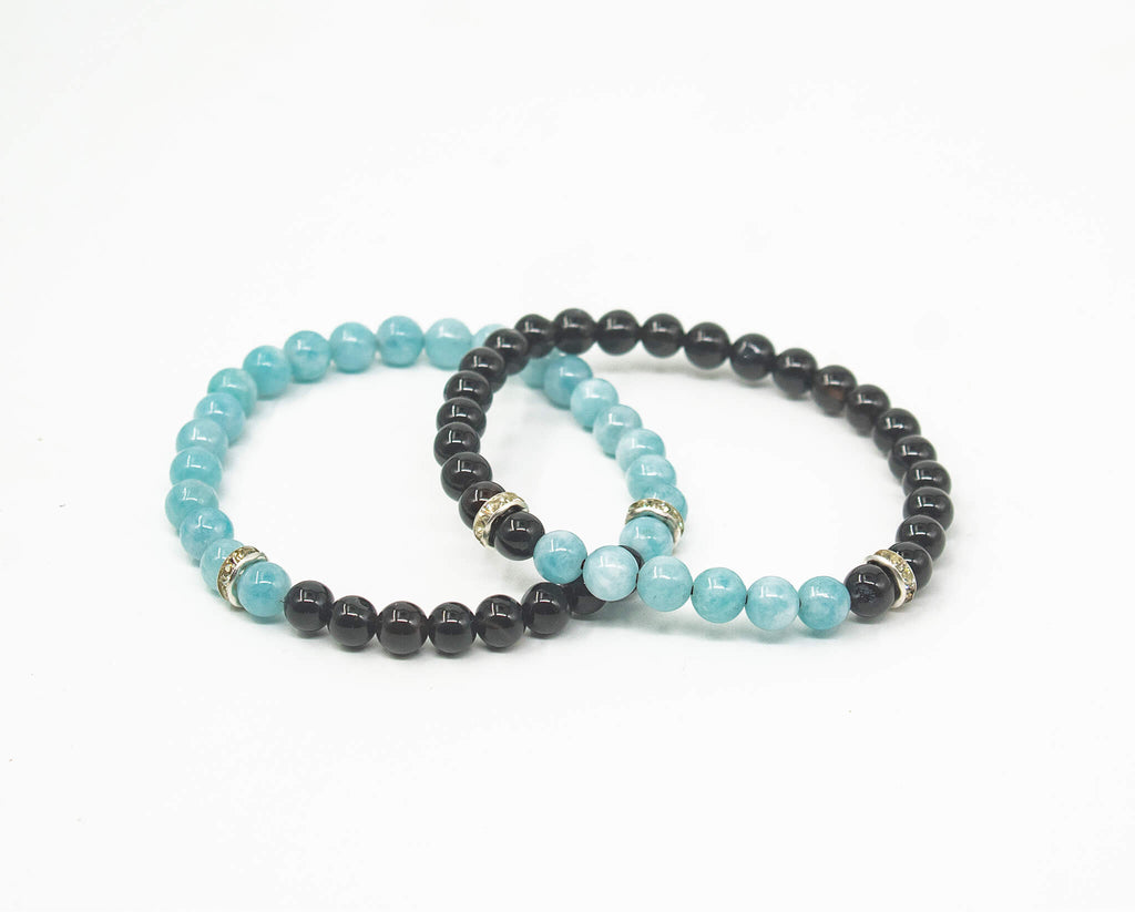 Black Tourmaline And Aquamarine Matching Couple Bracelets 6mm natural beads
