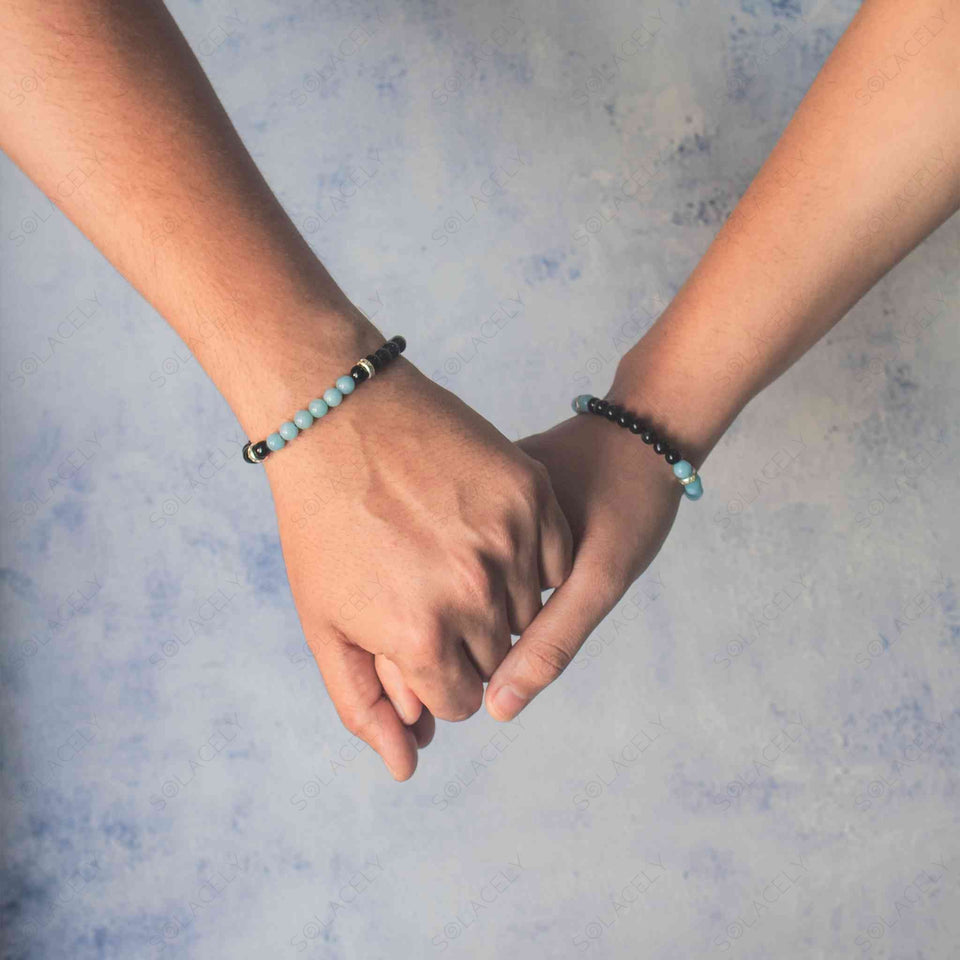 Aquamarine And Black Tourmaline Couple Bracelets with 6 mm beads