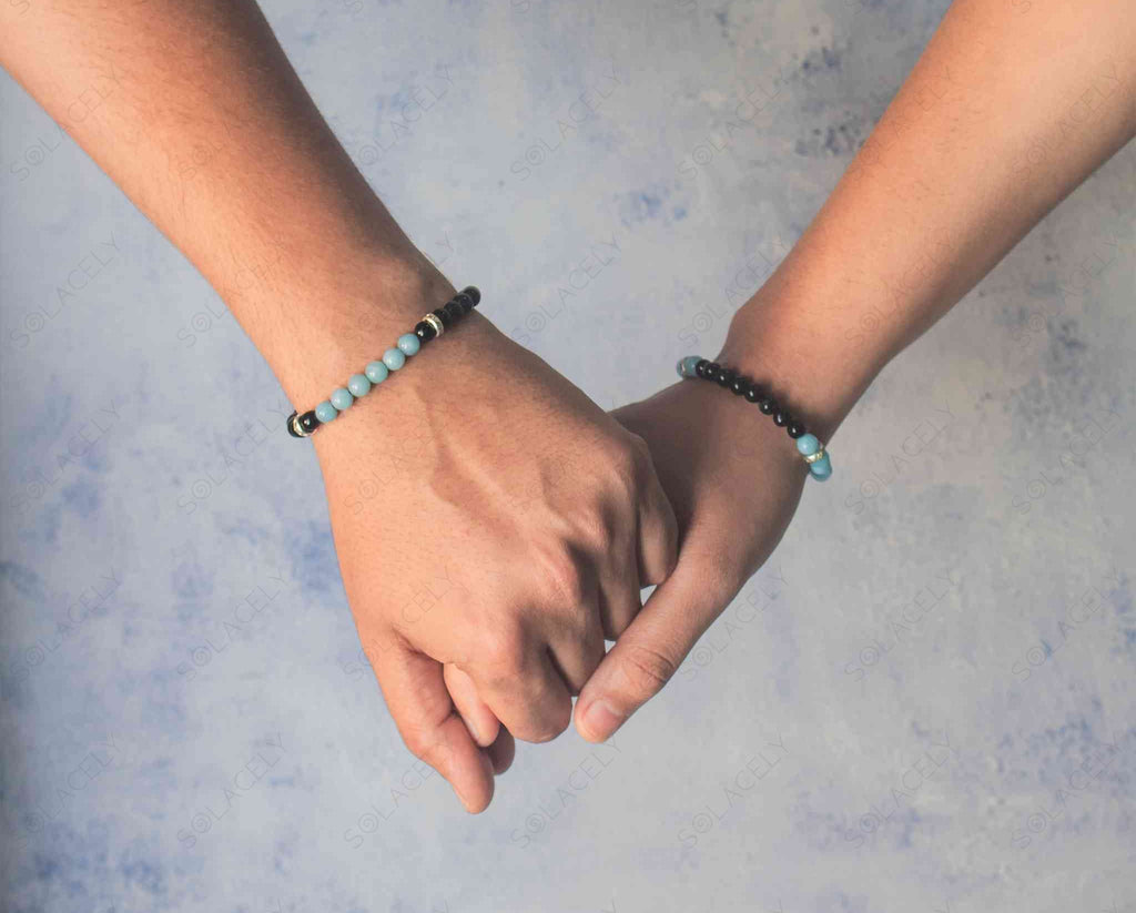 Aquamarine And Black Tourmaline Couple Bracelets with 6 mm beads