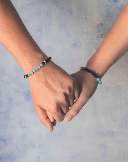 Aquamarine And Black Tourmaline Couple Bracelets with 6 mm beads