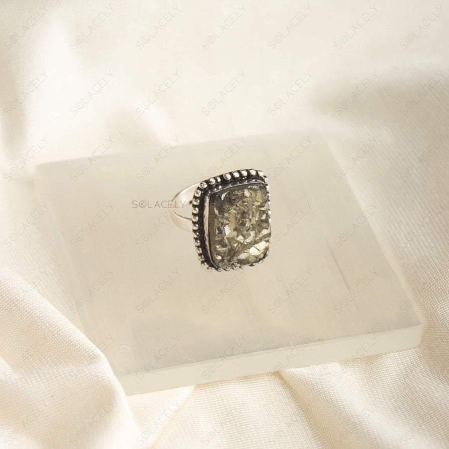 dramatic natural pyrite ring with big gemstone