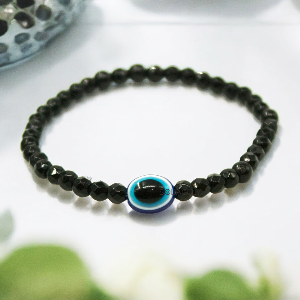 Faceted Black Tourmaline with Evil Eye Bracelet - 4mm Beads