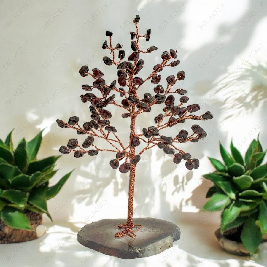 garnet gemstone crystal tree with 100 beads small