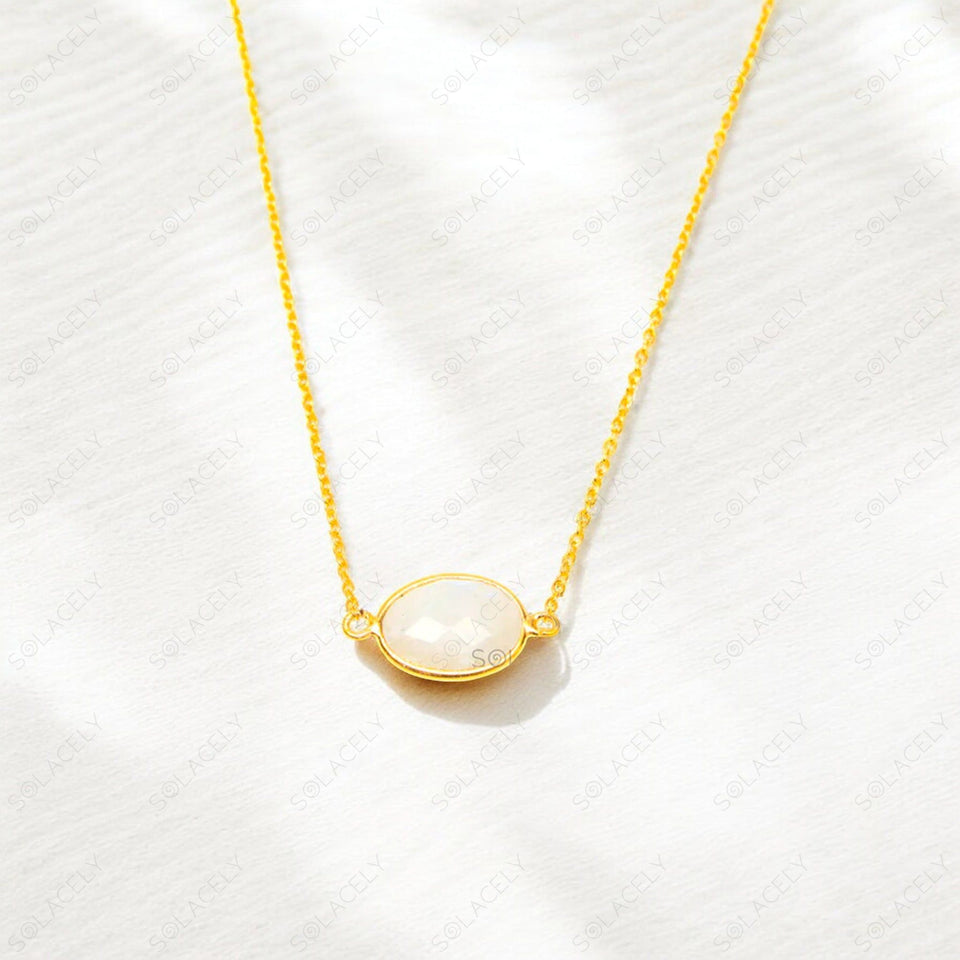 gold plated necklace with rainbow moonstone oval shape