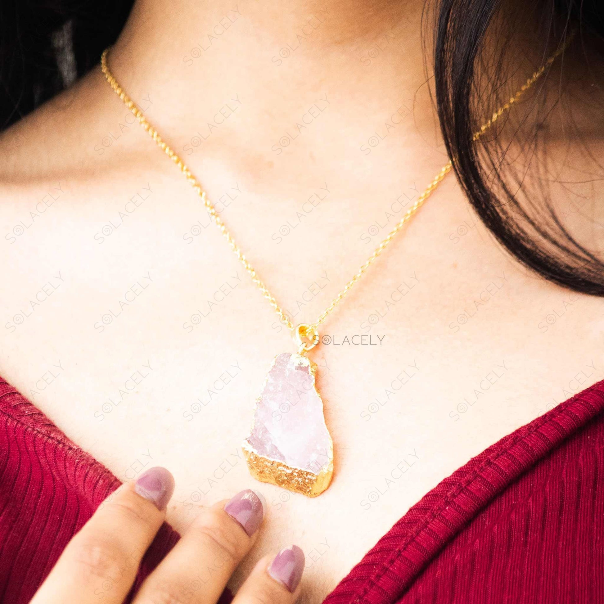 golden chain raw rose quartz pendant