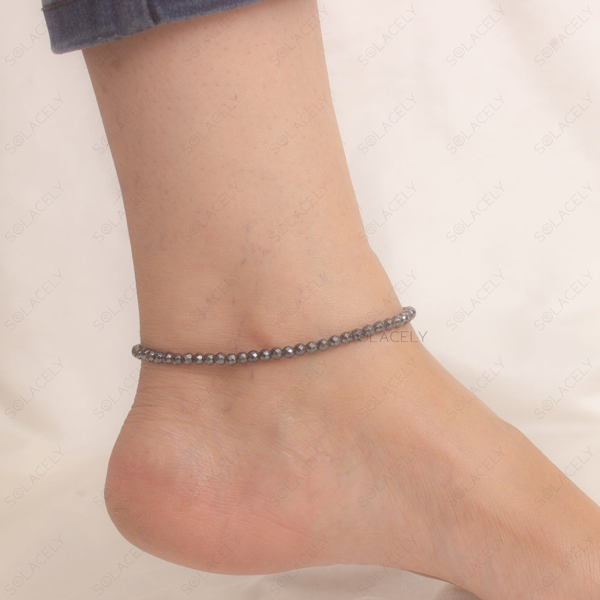 hematite stretch anklet with faceted beads