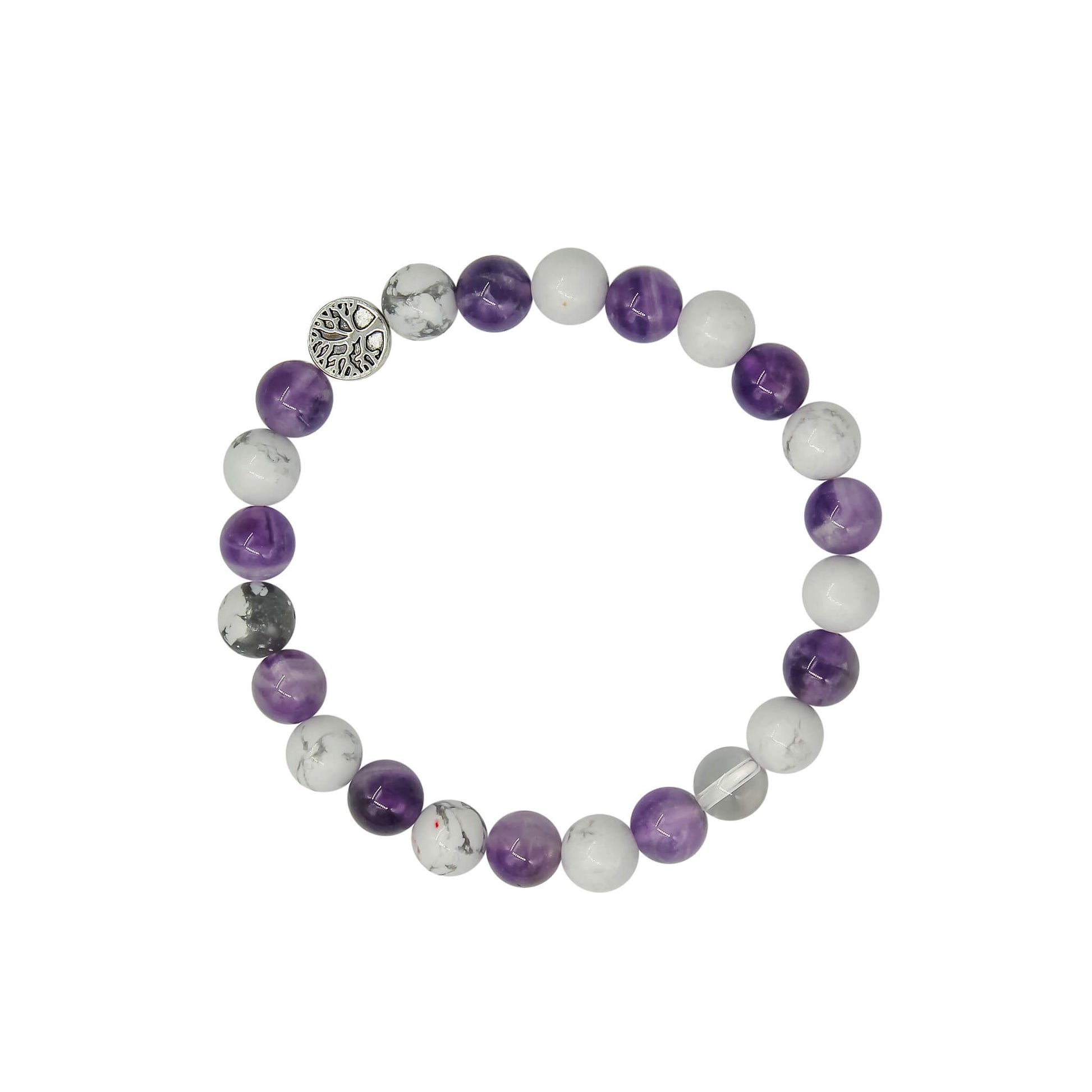 Amethyst, howlite and clear quartz bracelet 8mm with tree of life charm