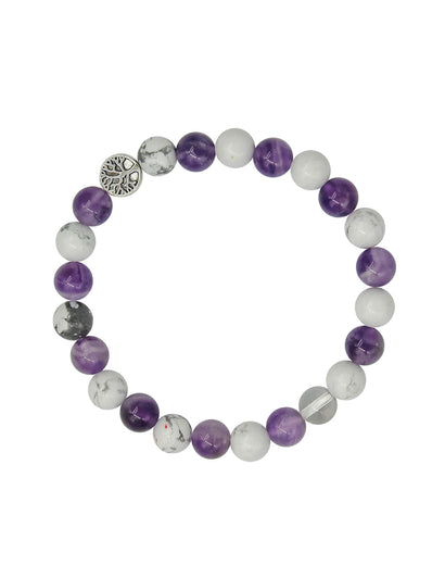 Amethyst, howlite and clear quartz bracelet 8mm with tree of life charm