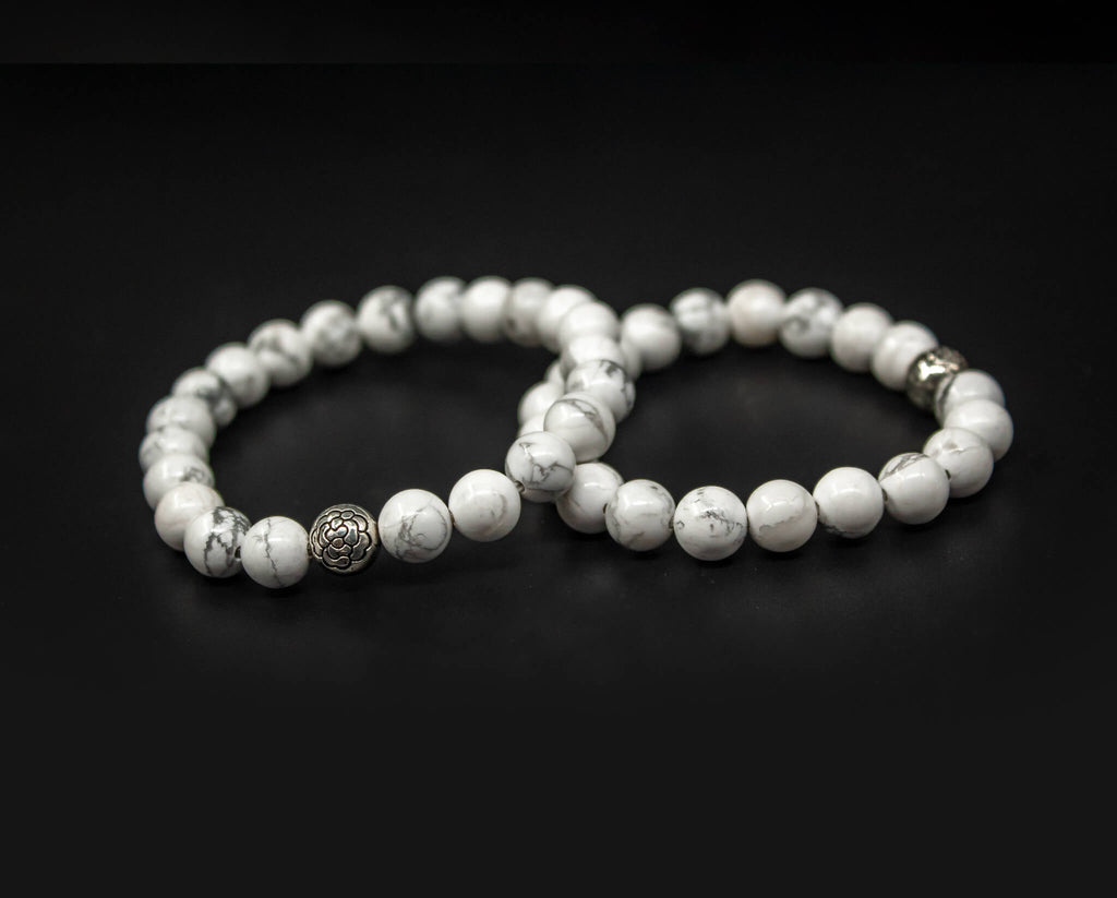 Howlite Bracelet 8mm Beads With Silver Flower Charm