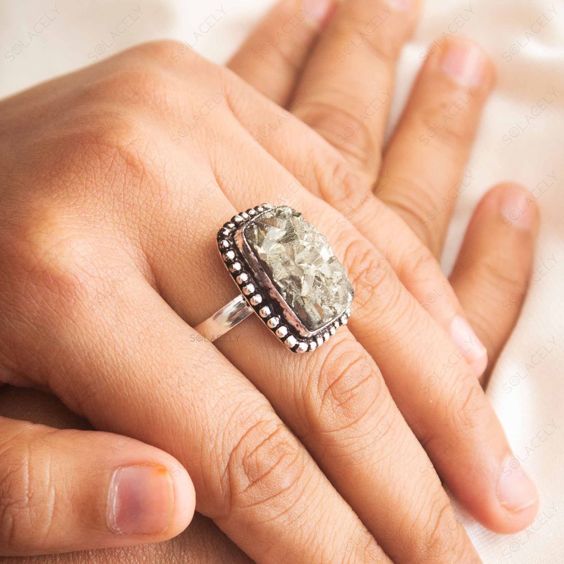 large natural pyrite stone ring for bold style