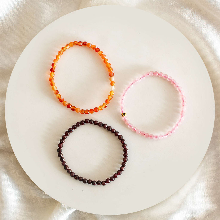 rose quartz, carnelian and garnet 4mm bracelet set