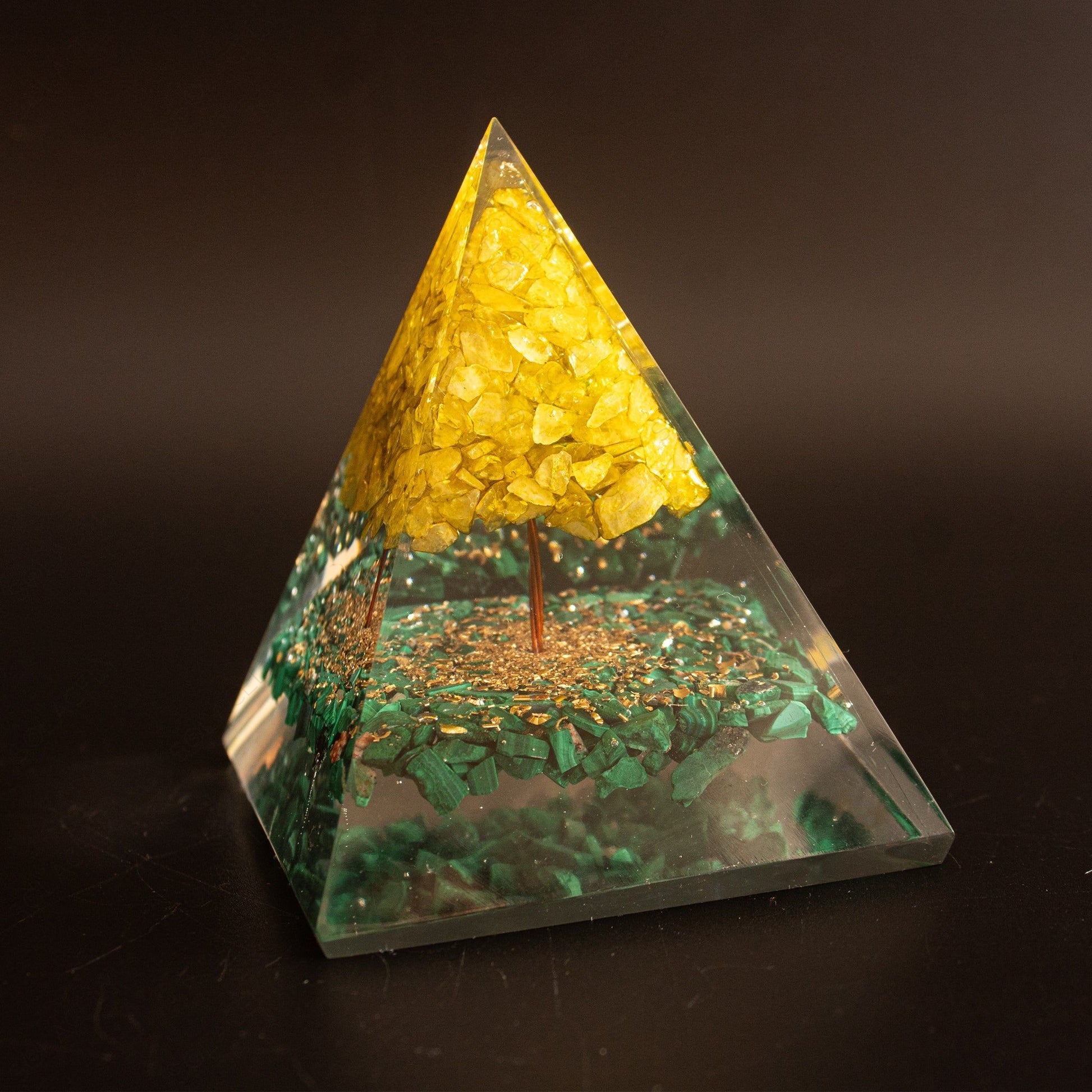 malachite orgone pyramid with citrine tree