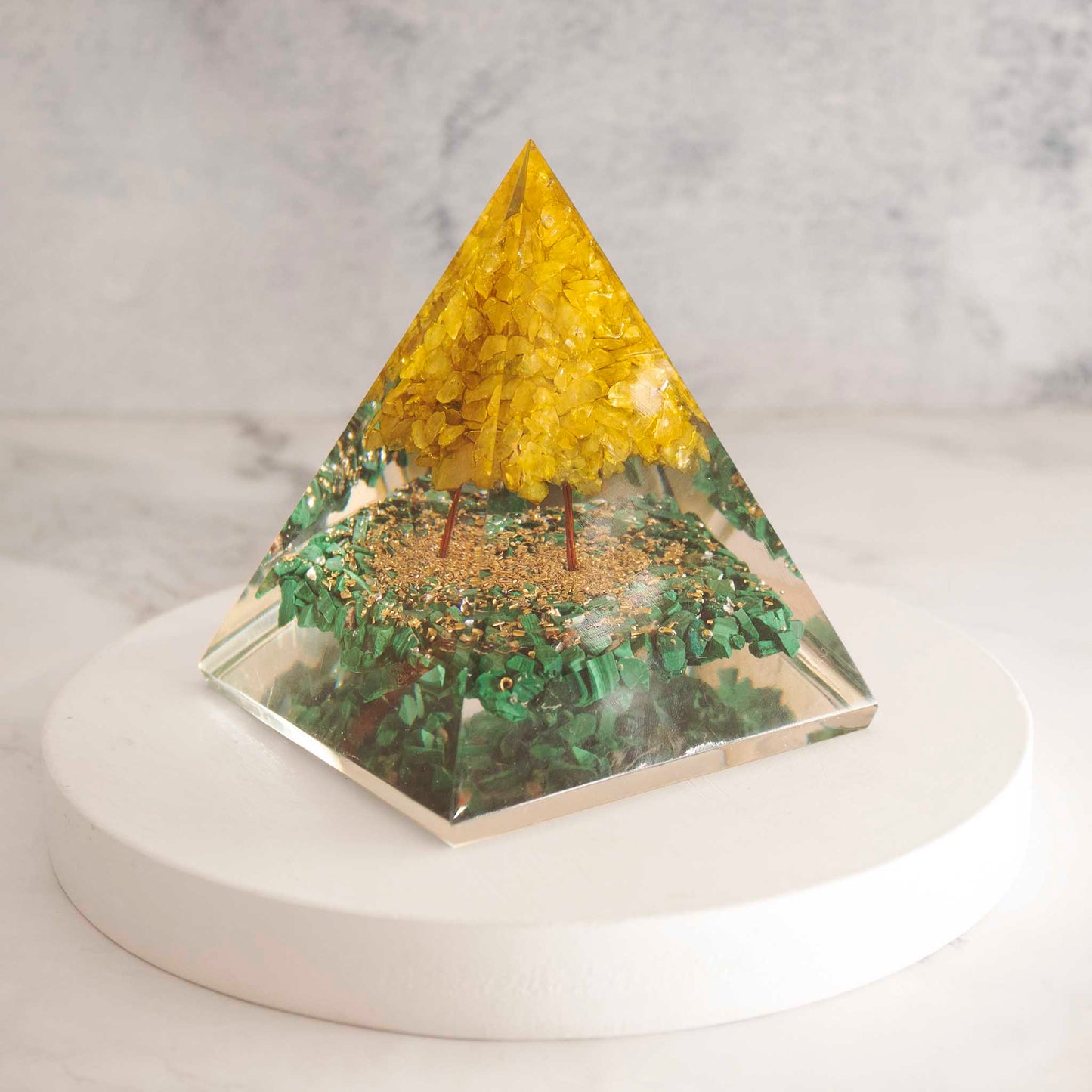 citrine tree and orgone malachite pyramid