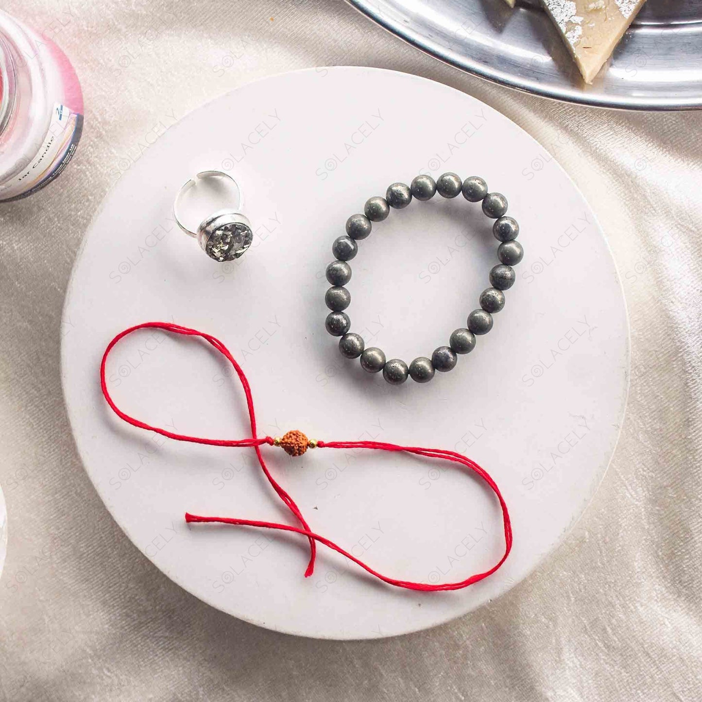 pyrite  bracelet, pyrite ring, and rudraksh rakhi gift hamper