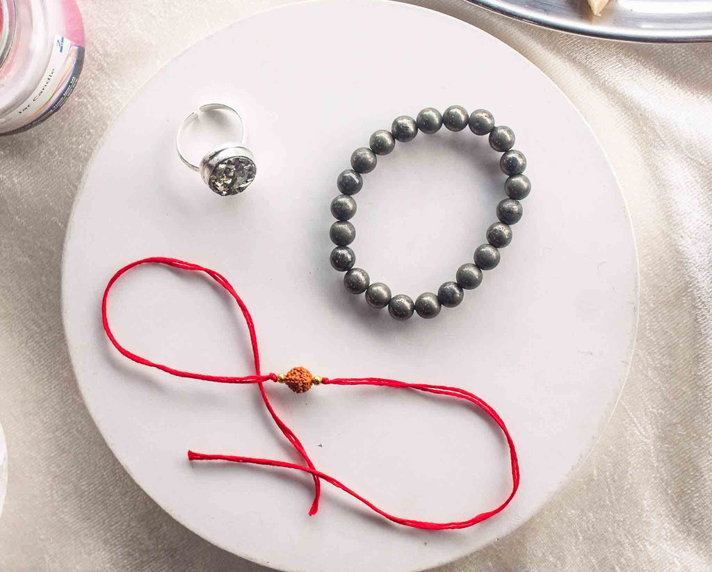 pyrite  bracelet, pyrite ring, and rudraksh rakhi gift hamper