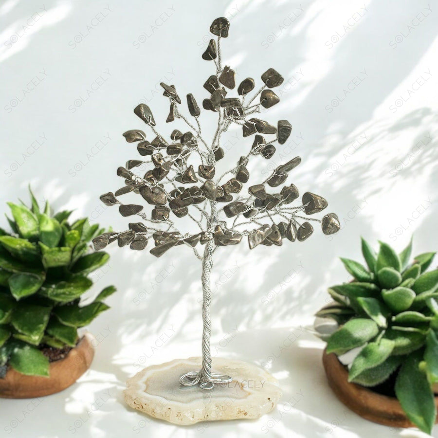 pyrite gemstone crystal tree with 100 beads small