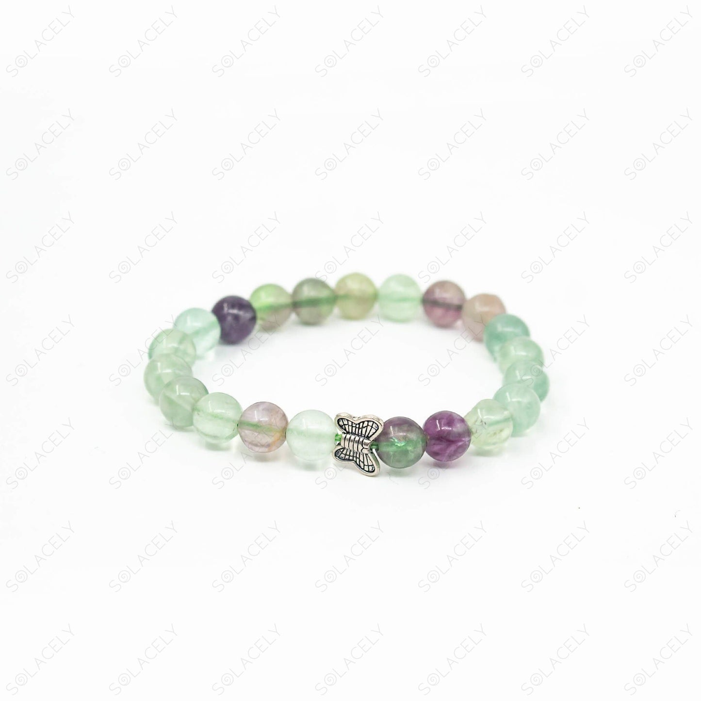 rainbow fluorite with butterfly charm 8mm bracelet