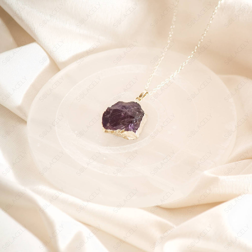 raw amethyst stone pandant 03 silver chain