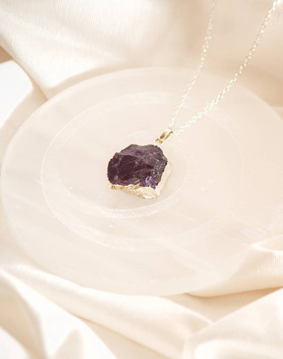 Raw Amethyst Stone Pendant Electroplated with Chain - Silver