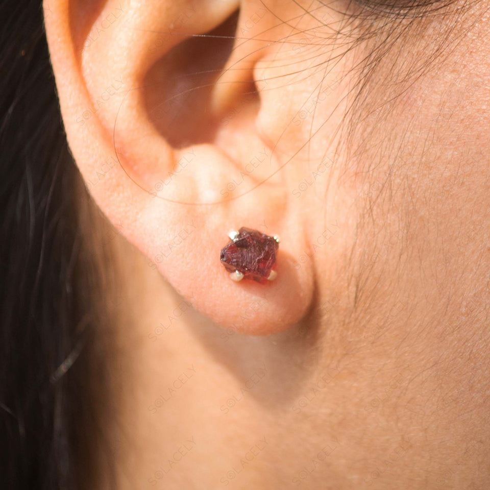 raw red garnet and sterling silver earrings