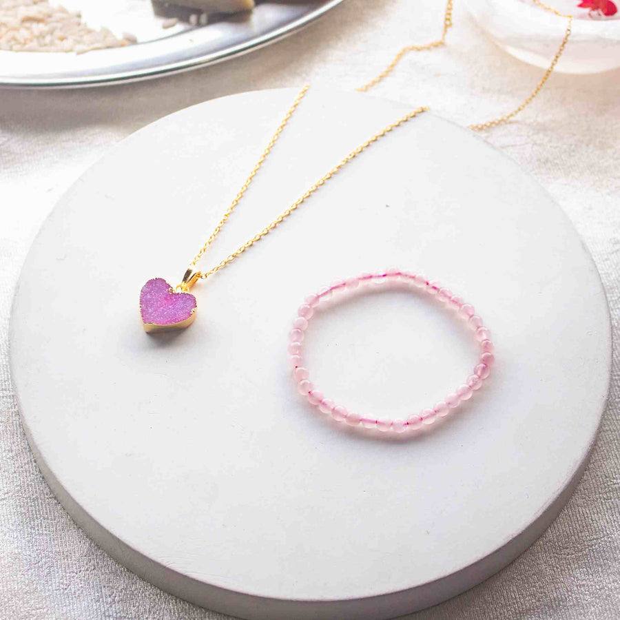 rose quartz and pink druzy pendant rakhi hamper for sister